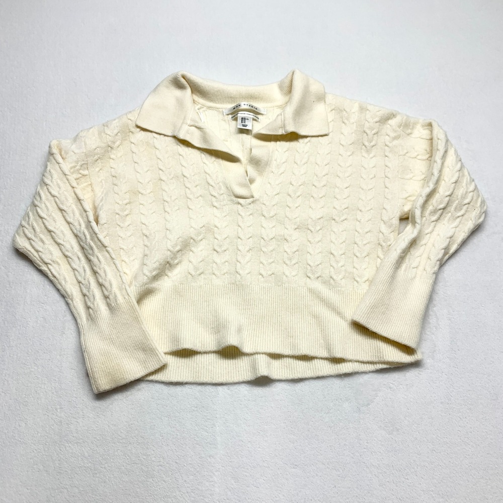 Max Studio Cable Knit Polo Sweater Womens Size XL Cream Extrafine Merino‎ Wool